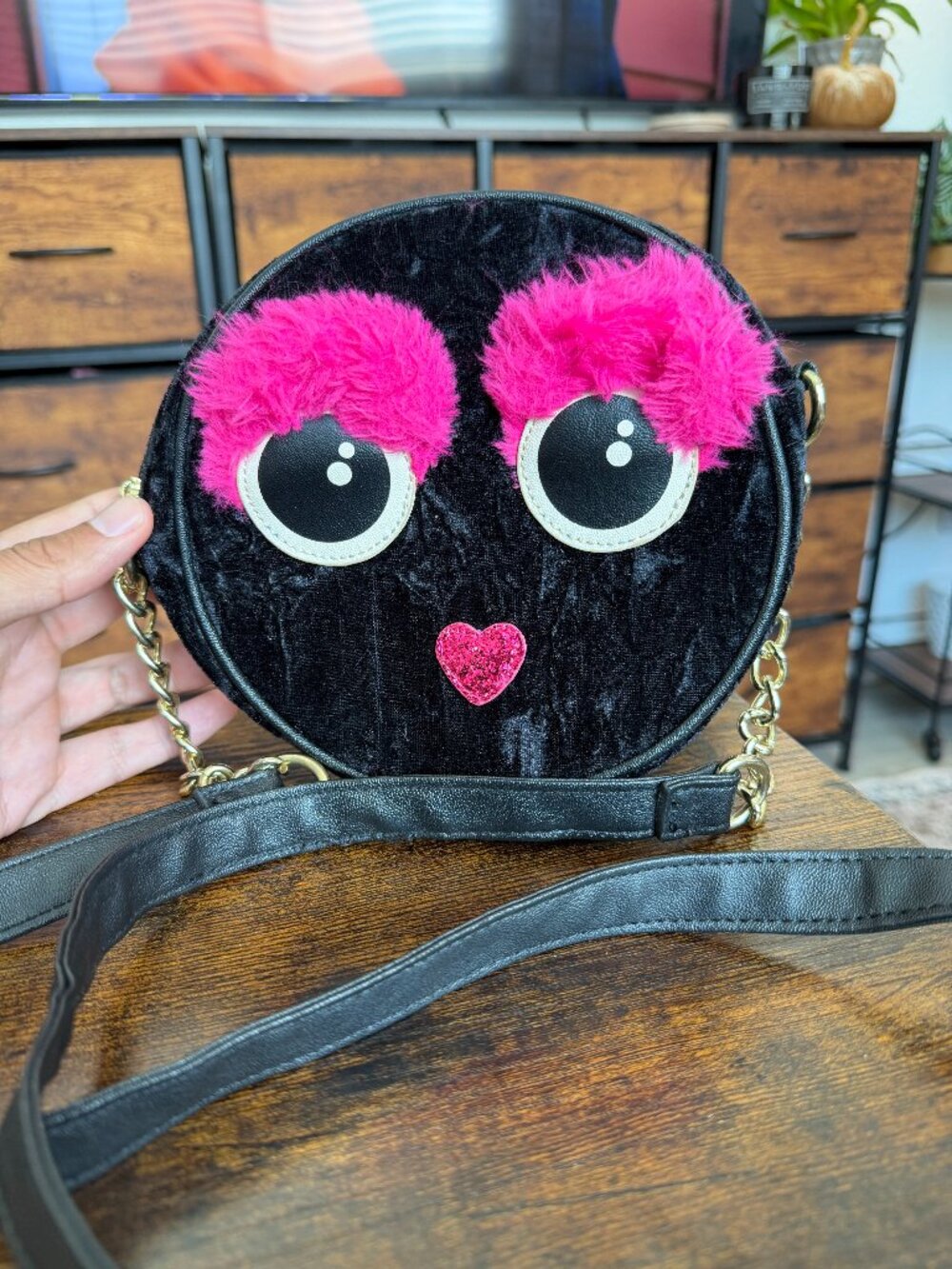 Luv Betsey Johnson Black Sequin Face Pink Fuzzy Brows Crossbody Bag